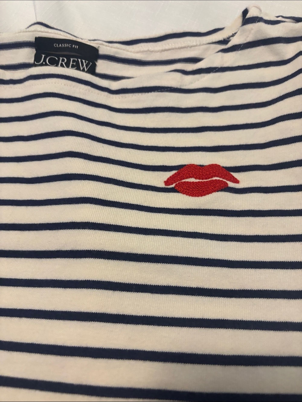 J Crew Boatneck top white & navy stripes SZ XXL embroidered red kiss nautical - Picture 8 of 9
